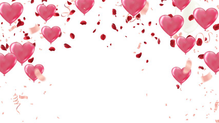 Falling hearts valentine card template. Red hearts scattered on white background With rose petals . Chaotic falling hearts vector illustration