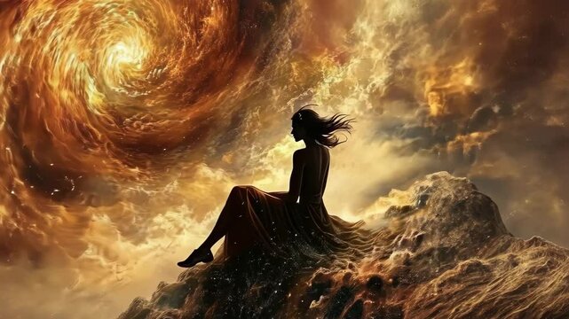 An angel kneeling among the clouds, her radiant wings spreading out as she gazes thoughtfully at Earth, with the grandeur of a cosmic galaxy adding depth to the celestial serenity.