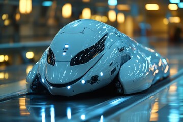 Fototapeta premium A sleek and high-tech futuristic vehicle resembling a dolphin races on a track, fusing speed and advanced aerodynamics, highlighting futuristic transportation concepts.
