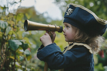 A child dressed as a pirate, with brown hair and blue eyes, uses a telescope in the garden.