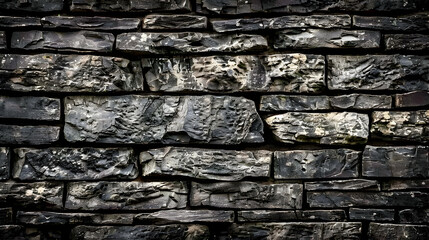 A textured wall made of dark, layered stone bricks, showcasing natural patterns.