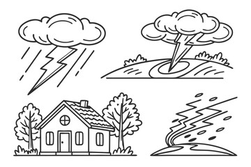 Hand-Drawn Disaster Illustration Set: Contour Sketches of Natural Calamities like Sandstorms, Droughts, and Heavy Rain