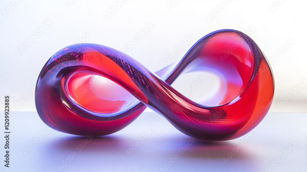 Poster a close-up of an abstract glass sculpture in the form of two interlocking curves, one curve red and 