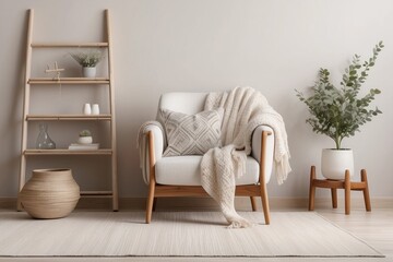 Off-White composition of cozy living room interior, stylish armchair, wooden coffee table