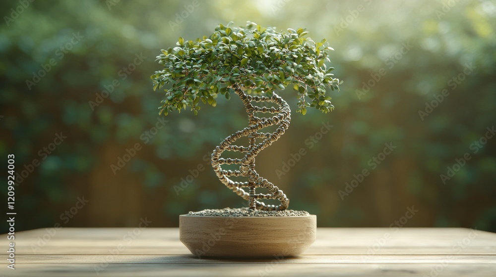 Poster bonsai tree designed as a dna double helix structure in natural setting with soft light background