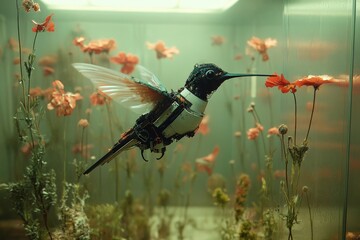A mechanical hummingbird crafted from metal parts hovers in an unusual setting of faded flowers, creating a striking contrast of industry and nature.