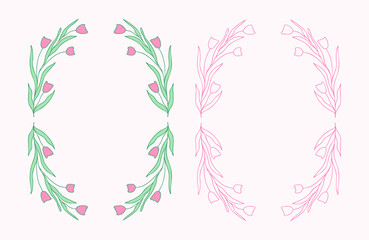 Floral hand-drawn vector frames with subtle tulip flowers and fresh leaves for elegant and nature-inspired designs. Lovely hand-drawn decor for wedding invitations, greeting cards, packaging, etc.