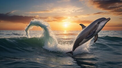 Obraz premium A dolphin leaps from the ocean waves at sunset, showcasing nature's beauty and grace.
