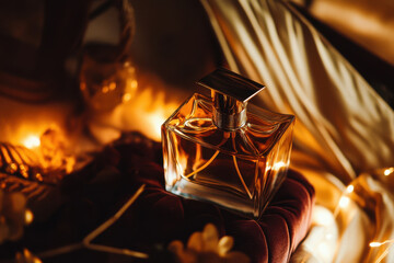 Elegant amber perfume bottle with warm glowing lights and luxurious velvet background