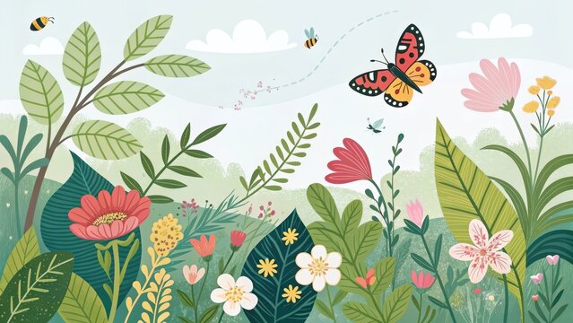 A whimsical garden scene featuring vibrant flowers, flitting butterflies, and busy bees, a joyful celebration of nature's beauty