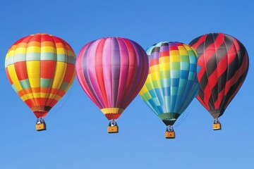 Fototapeta premium Four hot air balloons in a stunning array of vibrant colors fly high in the sky, offering an inspiring view that embodies adventure, freedom, and magical experiences.