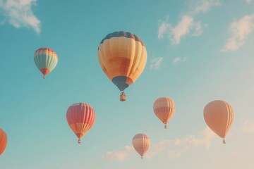 Several hot air balloons drift peacefully across a beautifully hued sky at sunset, embodying tranquility, dreams, and creativity in this stunning visual spectacle.