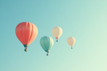Naklejka premium Four elegantly simple hot air balloons gently ascend in a subtly tinted green sky, presenting a minimalist and serene scene evoking a sense of peace and tranquility.