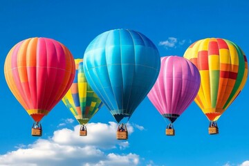 Obraz premium Five vibrant hot air balloons soar through a blue sky, creating a joyful and colorful spectacle against fluffy white clouds below, evoking a sense of adventure.
