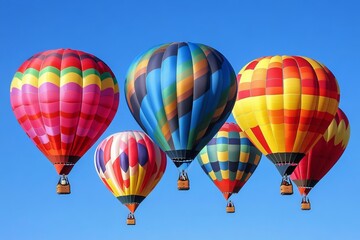 Fototapeta premium Six hot air balloons in vibrant clusters float effortlessly against the crisp blue sky, embodying a perfect fusion of freedom, joy, and adventure in radiant colors.