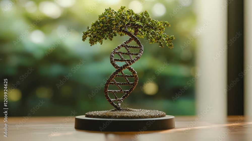 Poster bonsai tree shaped like dna double helix model in bright natural setting for science and nature conc