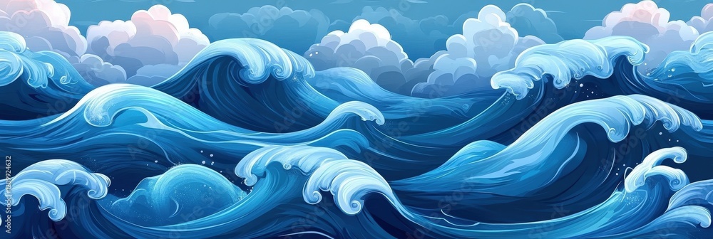 Poster stunning seamless pattern of turbulent ocean waves with vivid blue tones and soft clouds in a serene