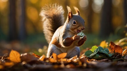 A squirrel enjoying a treat amidst autumn leaves in a forest setting.