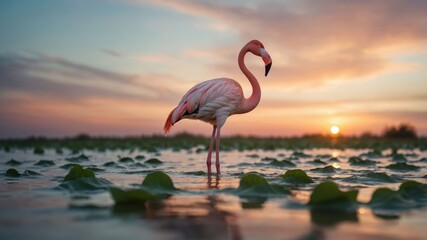 Fototapeta premium A serene flamingo stands gracefully in a tranquil wetland at sunset, surrounded by lily pads.