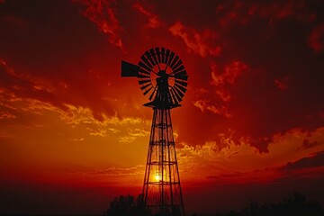 A lone windmill is highlighted by a deep red sky at sunset, evoking feelings of wonder and awe, with its powerful silhouette and extraordinary colors.