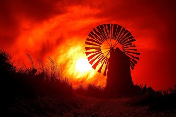 An aged windmill is silhouetted against a vivid red sky with the sun setting behind, capturing the timeless essence of solitude and tranquility amidst nature.