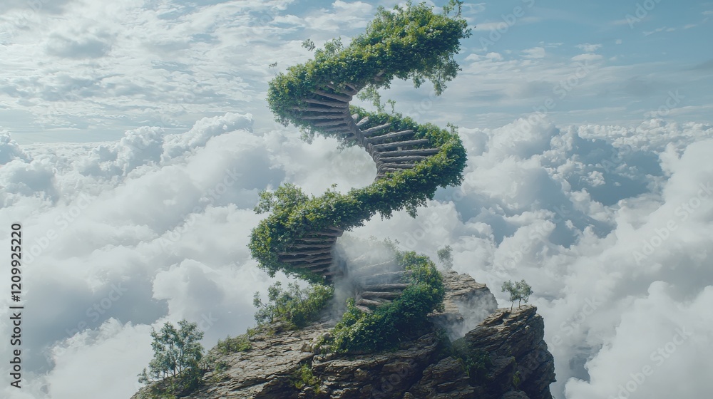 Poster surreal landscape with cedar tree shaped double helix structure growing amidst lush greenery and clo