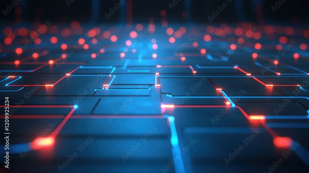 Poster dynamic interplay of blue and red squares in abstract geometric design