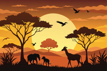Silhouette of African Animals at Sunset