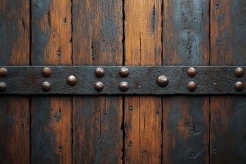 Detailed view of a weathered wooden surface adorned with iron studs, reflecting a harmonious blend of natural textures and industrial strength.