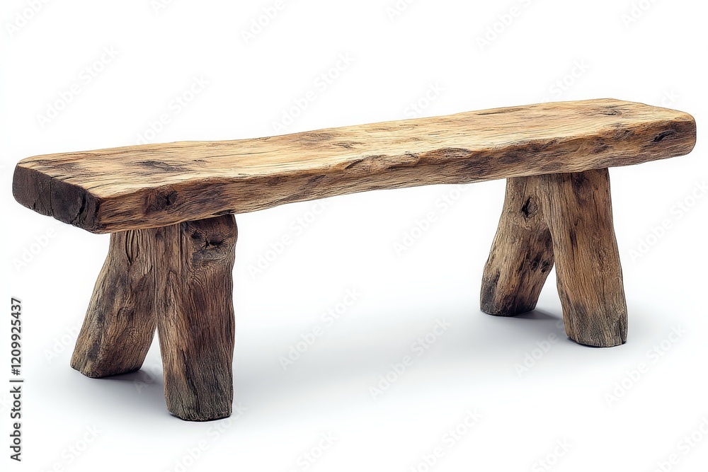 Poster a handcrafted rustic wooden bench made from reclaimed timber, showcasing an earthy, aged style with 