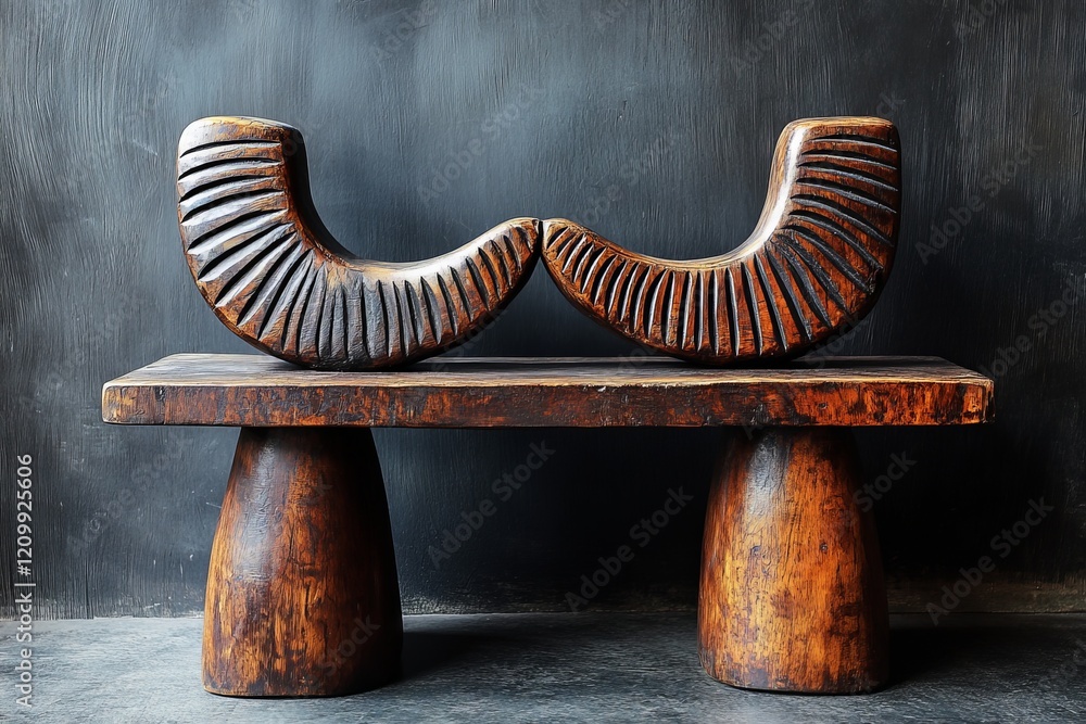 Poster Modern art bench showcases a strikingly unique backrest and robust rounded legs, combining functionality with an eye-catching abstract design.