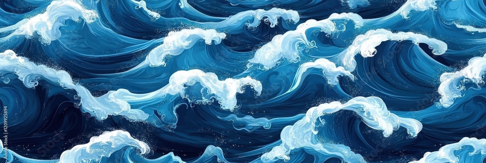 Poster stunning seamless pattern of vibrant ocean waves with surging tides and frothy white caps creating a