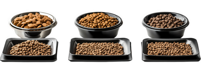 three bowls filled with different types of pet food. each presented in distinct containers the arrangement highlights the variety of textures and colors. suggesting options for pet nutrition the bowls