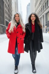 Fototapeta premium Two women in winter coats, one red and one black, walking down a snowy street. Scene is cheerful and lighthearted, as the women are smiling and posing for the camera