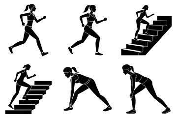 Woman fitness jogging silhouette bundle set on white background