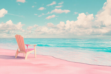 A colorful beach chair on the sand, with an ocean view in pastel colors.