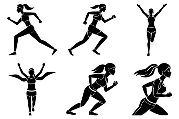 Woman jogging fitness silhouette on white background bundle set