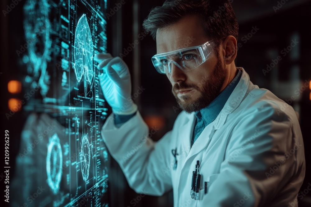 Poster a focused scientist in a white lab coat and high-tech goggles examines intricate holographic data di