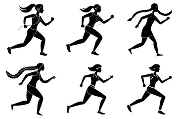 Woman fitness jogging silhouette bundle set on white background