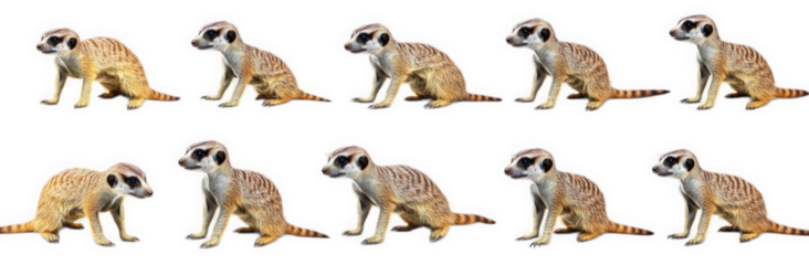 series of cartoon-style meerkats. depicted in a row in various sitting positions the meerkats are characterized by their distinctive markings and alert postures. showcasing their playful and curious n