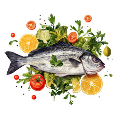 A whole fish rests on a bed of fresh greens, surrounded by halved oranges, lemons, and tomatoes, creating a vibrant and appetizing still life.