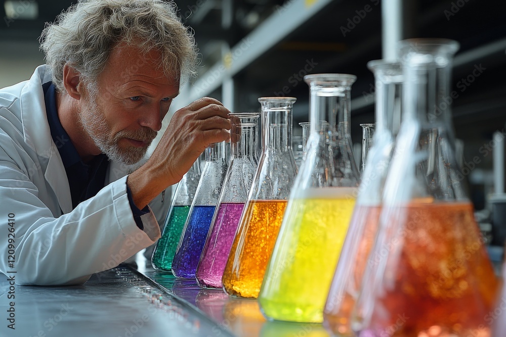 Poster a scientist wearing a lab coat observes colorful liquid-filled beakers, with each containing differe