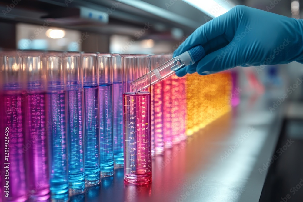Aufkleber a gloved hand carefully manipulating vibrant test tubes filled with colorful liquids in a laboratory