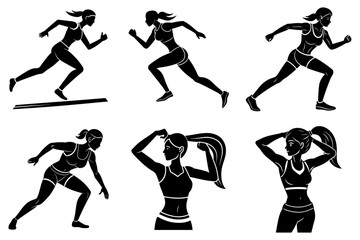 Woman jogging fitness silhouette set on white background