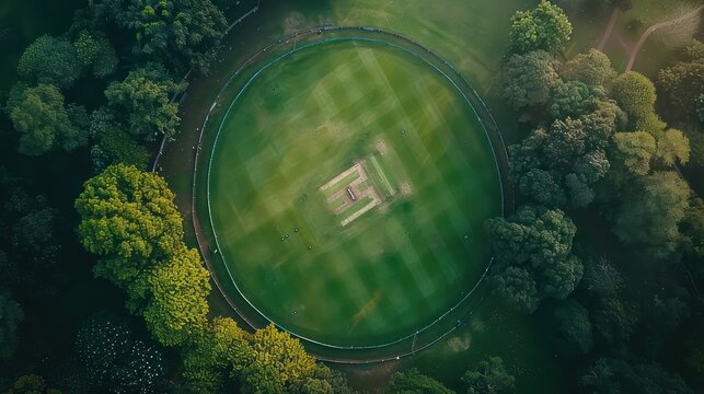 Aerial view of players, playing a game of Cricket on a Welsh Park Pitch in the summer
