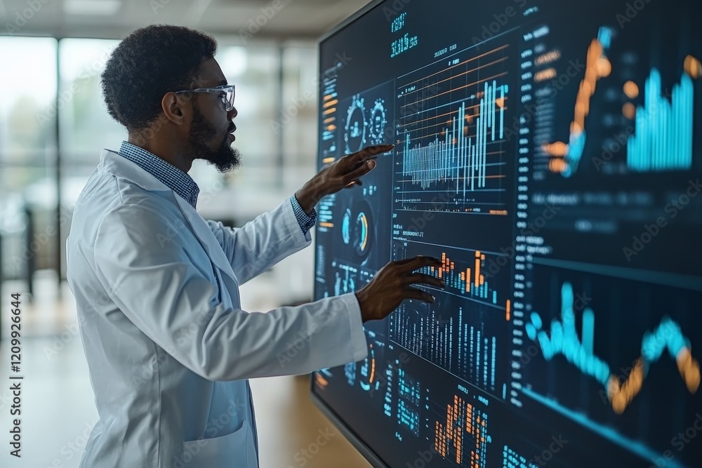 Aufkleber scientist wearing a lab coat assesses large digital data graphs, symbolizing analytical skills, tech