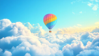 Fototapeta premium A colorful hot air balloon floating above the clouds, vector illustration, flat design, pastel colors, beautiful style, simple background