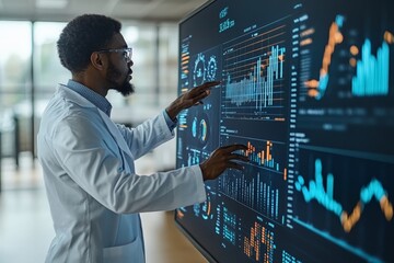 Scientist wearing a lab coat assesses large digital data graphs, symbolizing analytical skills, technological competency, and focus on innovation in research.