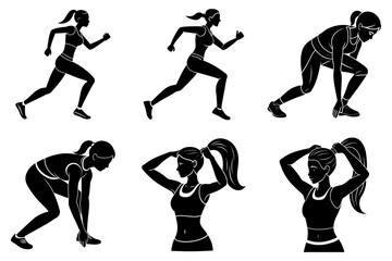 Woman fitness jogging silhouette bundle on white background set