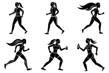 Woman fitness jogging silhouette vector set bundle on white